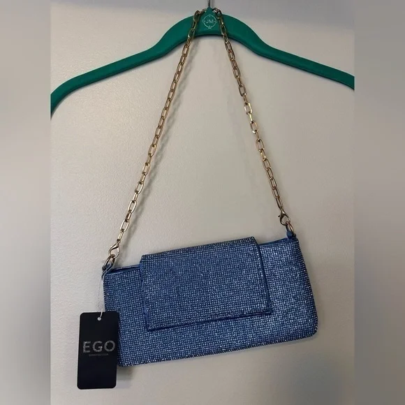 NWT BOXING CHAIN STRAP DETAIL RECTANGLE SHAPED SHOULDER BAG IN BLUE DIAMANTE - Picture 5 of 6